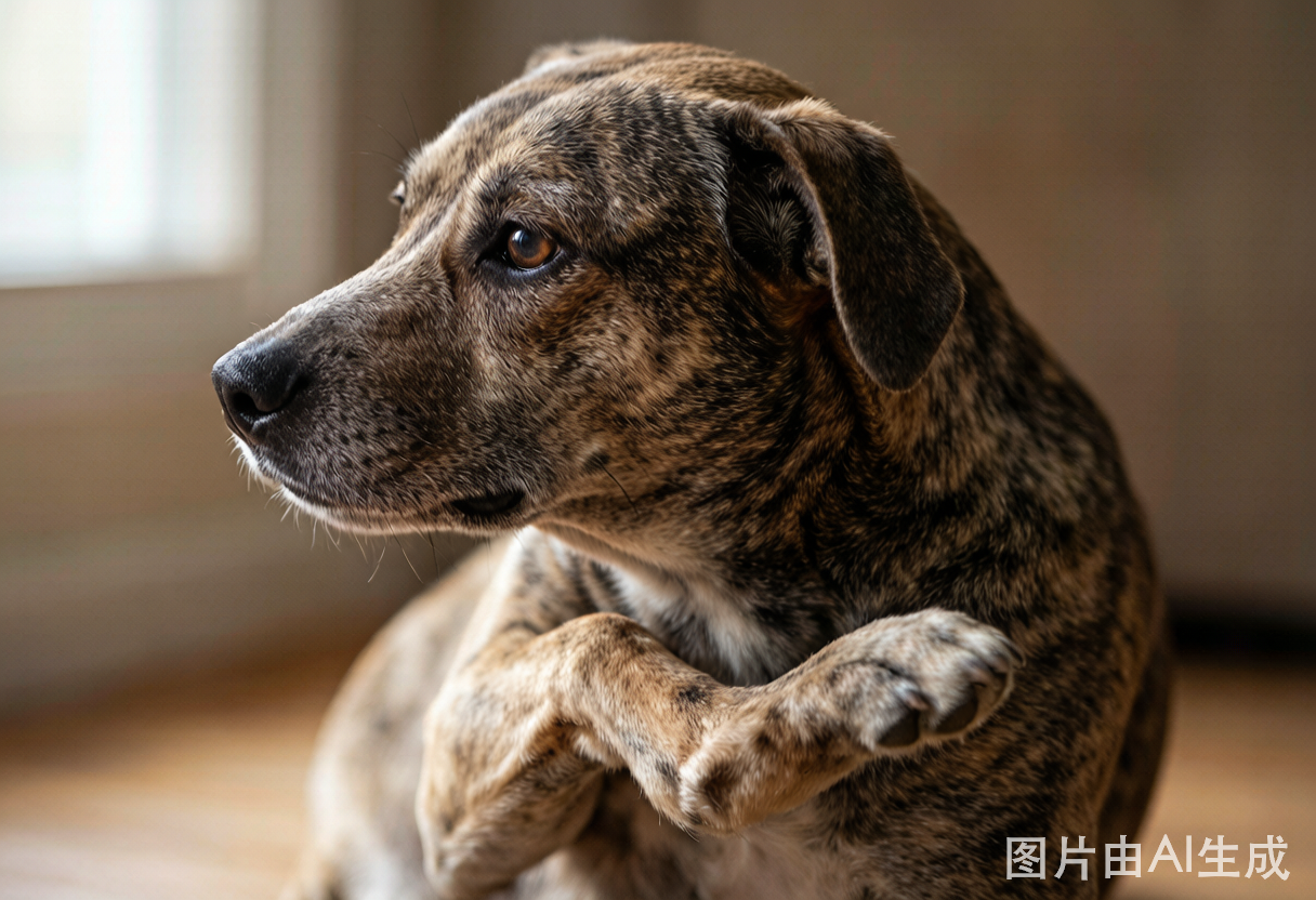 A dog scratching its side with a hind leg